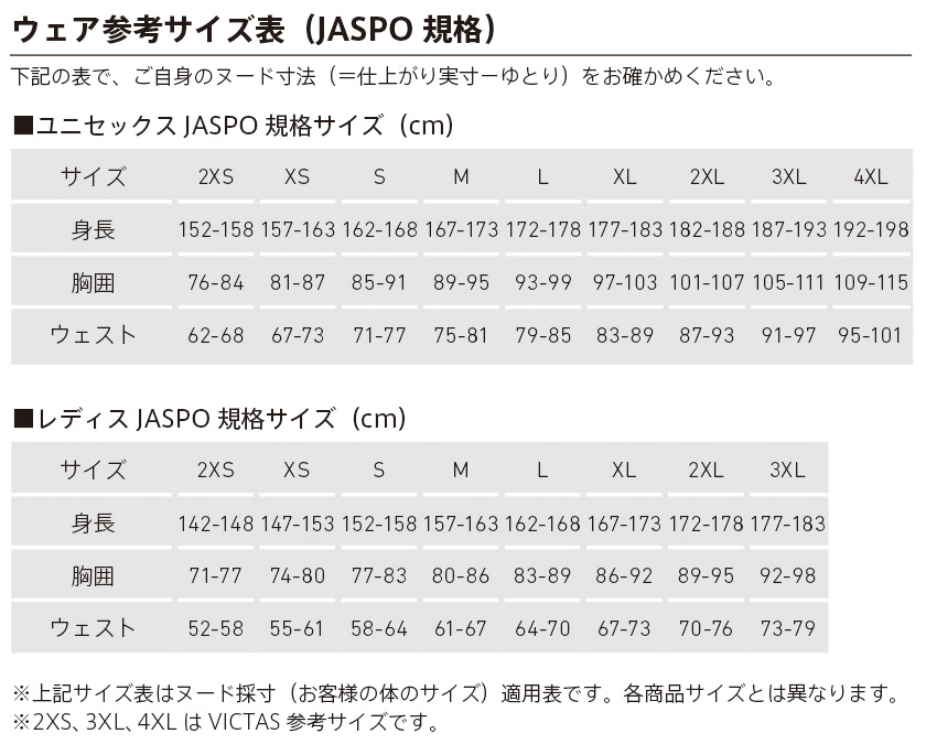 ウェア参考サイズ表